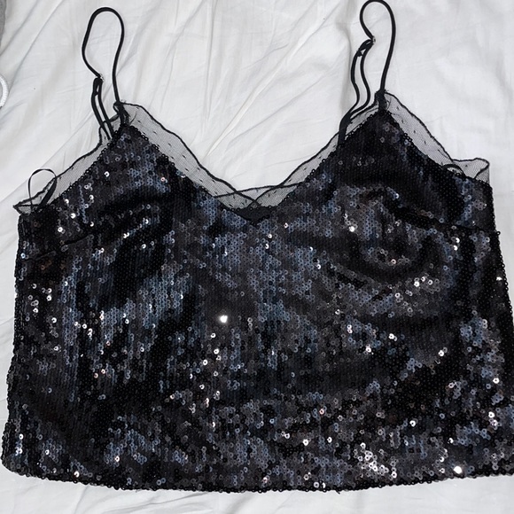 Forever 21 Sequin Spaghetti Strap Top with Mesh Trim - Picture 3 of 7